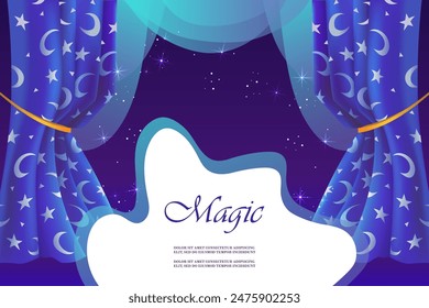 Magic show. Theater stage. Beautiful night curtains. Moon and stars. Blue dark background. Vector illustration. Horizontal isolated template for landing page, flyer, banner, poster, invitation.