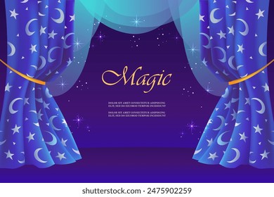 Espectáculo de magia. Escenario de teatro. Hermosas cortinas de noche. Luna y estrellas. Fondo azul oscuro. Ilustración vectorial. Plantilla aislada Horizontal para la página de aterrizaje, tarjeta de visita, volante, Anuncio, cartel, inv