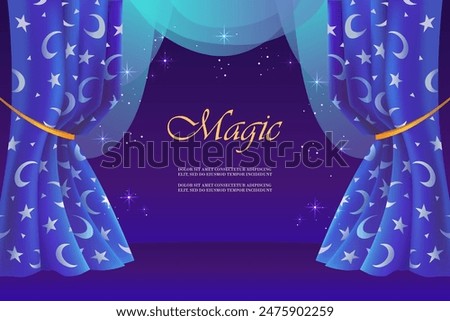 Magic show. Theater stage. Beautiful night curtains. Moon and stars. Blue dark background. Vector illustration. Horizontal isolated template for landing page, business card, flyer, banner, poster, inv