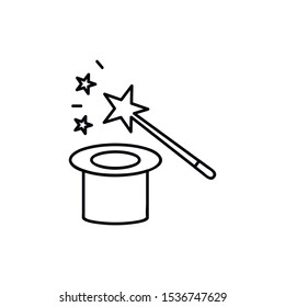 Magic show. Trick with a hat. Stars in cylinder with magic wand. Flat design. Thin line style. Vector illustration isolated on white background
