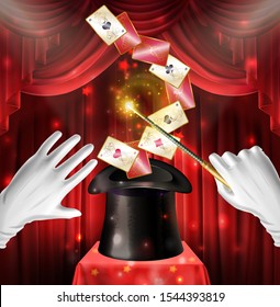 Magic show trick with playing cards flying out of black top hat, hands in white gloves hold wand on red draped backstage background. Magician entertainment performance Realistic 3d vector illustration