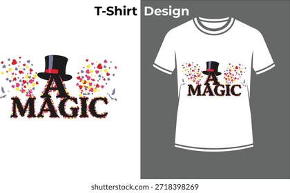 Magia show tipografia t-shirt vetor ilustração, design de texto de fantasia com chapéu e varinha para ilusão, entretenimento e temas de truque.