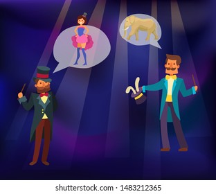 Magic show vector illustration. Magician conjured rabbit out of magical hat. Illusionist performing tricks with girl on chapiteau circus stage. Magic show, imagination invitation.