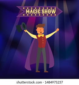 Magic show vector illustration. Wizard magical illusionist shows tricks on violet magic background. Circus magician invitation with golden letters.