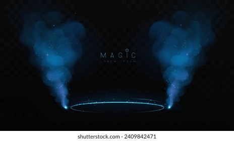 Magic  showcase background with 3d podium and blue fog or steam. Glowing shiny trail. Vector illustration