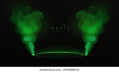 Magic  showcase background with 3d podium and green fog or steam. Glowing shiny trail. Vector illustration