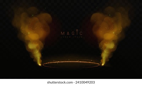 Magic showcase background with 3d podium and golden fog or steam. Glowing shiny trail. Vector illustration