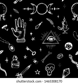 Magic sign and symbols seamless pattern. Hand drawn doodle witchcraft stock vector drawing on black background