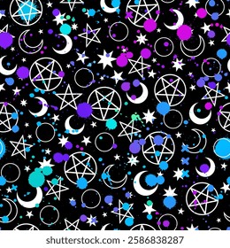 Magic signs and multicolored drops of paint on a black background. Seamless illustration