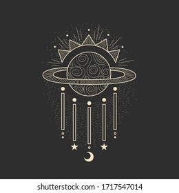 signos y símbolos mágicos. elementos espaciales, decoración lunar y elegante estilo colgante. tarot y astrología. 