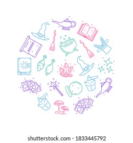 Magic Signs Thin Line Concept Round Design Template Banner Include of Witch Hat, Rabbit, Scroll and Magical Sphere. Vector illustration of Icons
