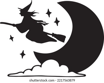 Magic silhouette of witch and cat flying on broom, isolated.Black and white Halloween illustration.Vector colored page for adults and children.Book,textile, print, poster, design, sticker, card