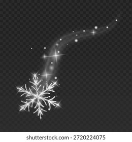Copo de nieve de Navidades plateadas mágicas con un rastro brillante aislado en un fondo transparente. Ilustración vectorial con una brillante onda de polvo de estrellas, brillantes partículas de luz y efectos bokeh blancos. Elemento elegante del diseño del día de fiesta del invierno para las tarjetas de felicitación, los carteles del año Nuevo, y el arte digital festivo