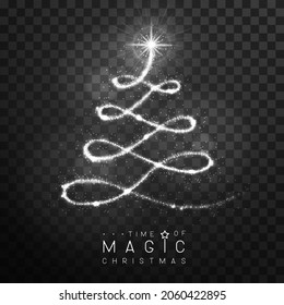 Magic silver Christmas tree silhouette. Magic wand with silver glowing shiny trail.  Isolated on black transparent background. Vector illustration
