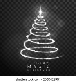 Magic silver Christmas tree silhouette. Magic wand with silver glowing shiny trail.  Isolated on black transparent background. Vector illustration