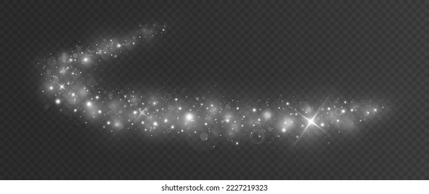 Magic silver wave. Sparkle dust particles. Luxury shiny trail of white particles.