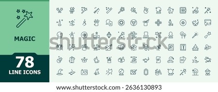 Magic simple icon set. Included wizard, mystery, entertainment, trick and more. Wand icon set. Minimal icons collection. Editable stroke. Pixel Perfect.