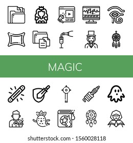 magic simple icons set. Contains such icons as File, Rune, Princess, Entertainment, Champagne, Sound editing, Magician, Eye of ra, Dreamcatcher, can be used for web, mobile and logo