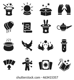 Magic simple icons set. Magic tricks and focus items collection
