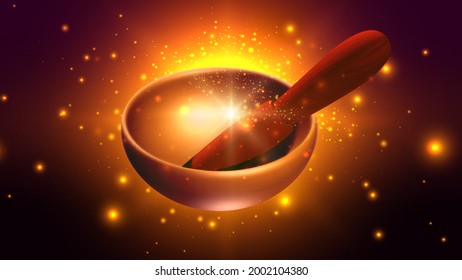 Magic singing bowl on purple background. Music for healing and meditation