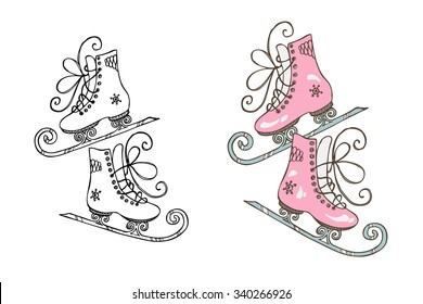 Magic Skates - an illustration of wonderful skates, includes black&white outline version and colorful one. All elements are isolated and separated, so one can move them to reach satisfying combination