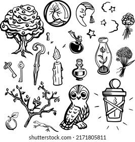 Magic sketch elements hand  drawn  Potion bottles  dried herbs  an owl  keys  magic lantern    more 
Black   white vector that is easy to recolor  Perfect for postcards  for social networks  for 