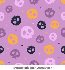 magic skull background, halloween seamless pattern for fabric, wrapping paper, fashion print, vector illustration colored skulls on purple