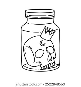 Caveira mágica com coroa em um frasco. Ilustração de vetor desenhada à mão de linha para seus projetos de halloween em estilo Y2K
