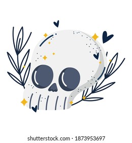 magic skull leaves hearts glitter and hearts decoration cartoon vector illustration