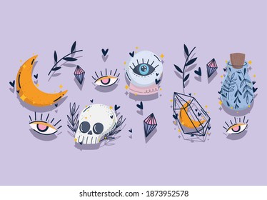 magic skull moon crystal ball eye potion mystery fantansy card vector illustration