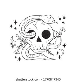 Magic skull with snake vector hand drawn illustration. Cool, magical, deadly, witchy, floral printable design. Black lines isolated on transparent background.