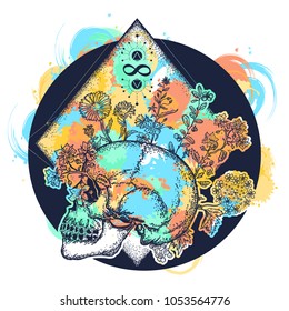 Magic skull tattoo and t-shirt design. Psychology, philosophy, poetry. Human skull through which flowers, symbol of life and death, sign of infinity and immortality