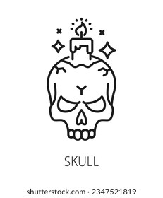 Magic skull. Witchcraft and magic icon. Mystery, esoteric, astrology symbol. Wizard or witchery item, tarot or esoteric symbol. Witchcraft line vector icon or pictogram with human skull and candle