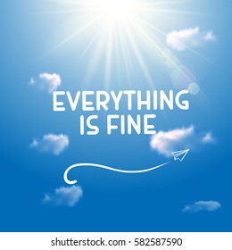 Magic Sky With Shining Stars And Rays Of Light. Blue Sky With Clouds Background. Vector Illustration. Motivation Poster. Everything Is Fine