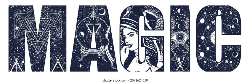 Magic slogan. Witch woman in hat. Lettering art. Gothic female sorcerer and lunar alchemical eclipse. Dark fairy tale and halloween. Double exposure print. Esoteric black and white surreal graphic 