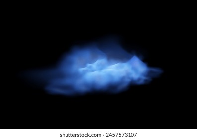 Magischer Rauch oder Blaunebel-Wolken-Vektorillustration. Spezialeffekt Nebel oder Smog auf schwarzem Hintergrund. Beleuchtetes Cumulus-Element. Pulver- oder Dampfspray, Spritzwasser aus Aerosol, Flackern