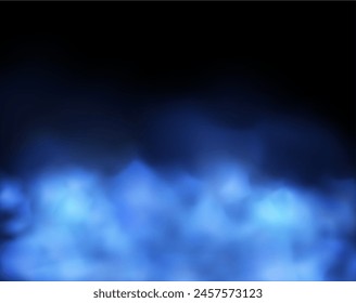 Magic smoke or blue fog cloud vector illustration. Realistic effect mist or smog horizon on black background. Illuminated steam, gas blur. Glowing fume rises up, flowing