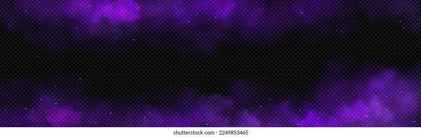 Magic smoke clouds, fog or powder splash effect. Abstract background with frame of purple mist, smog or dust clouds with particles, vector realistic illustration