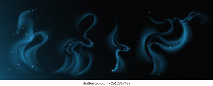 Magic smoke stars set isolated on transparent background. Vector realistic illustration of neon blue mist swirls, snow or stars sparkling in night sky clouds, galaxy nebula, mysterious light effect