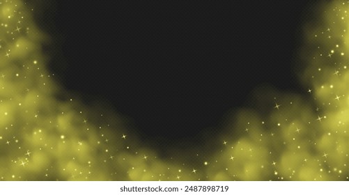 Magic smoke with stars and sparkles, fog with glowing particles, colorful vapor with star dust. Fantasy yellow haze background. Vector illustration.