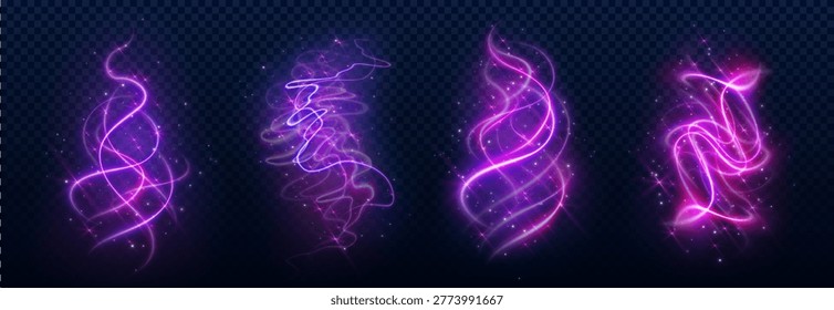 Magic smoke swirls with glowing light effects, fantasy spell design elements, vector set isolated on transparent background. Neon sparkles with purple mystical energy trails, shining particles