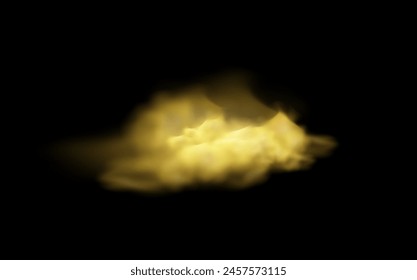 Magic smoke or yellow fog cloud vector illustration. Special realistic effect mist or smog on black background. Illuminated cumulus element. Powder or steam spray, splash from aerosol.