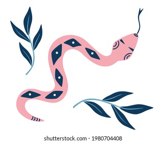 
Magic snake in boho style. Magic illustration for spiritual practices of ethnic magic and astrological rites. Decor elements, print for cards, posters, t-shirts, clothes. Vector illustration.
