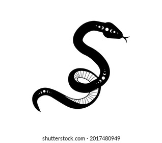 Magic snake in boho style with moon. Mystical symbol in a trendy minimalist style. Esoteric vector illustration.