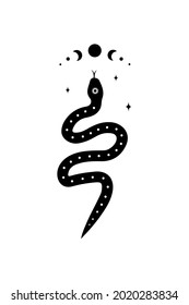 La serpiente mágica al estilo boho con la luna. Símbolo místico de diseño minimalista. Ilustración vectorial esotérica.