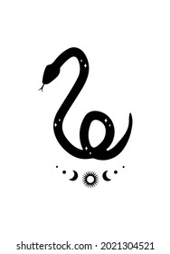 Magic snake in boho style with moon. Mystical symbol in a trendy minimalist style. Esoteric vector illustration.