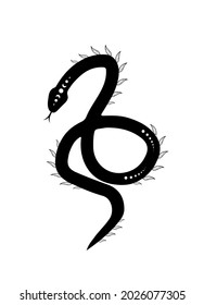 Magic snake in boho style with moon and leaves. Mystical symbol in a trendy minimalist style. Esoteric vector illustration.