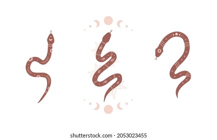 Magic snake in boho style with moon. Collection of mystical symbol in a trendy minimalist style. Esoteric vector illustration.