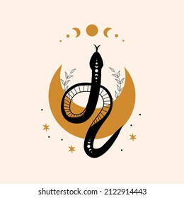 Magic snake in boho style with moon. Mystical symbol in a trendy minimalist style. Esoteric vector illustration.