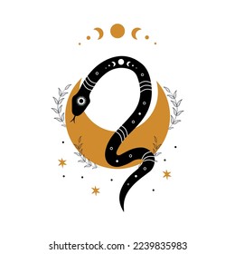 Magic snake in boho style with moon. Mystical symbol in a trendy minimalist style. Esoteric vector illustration.